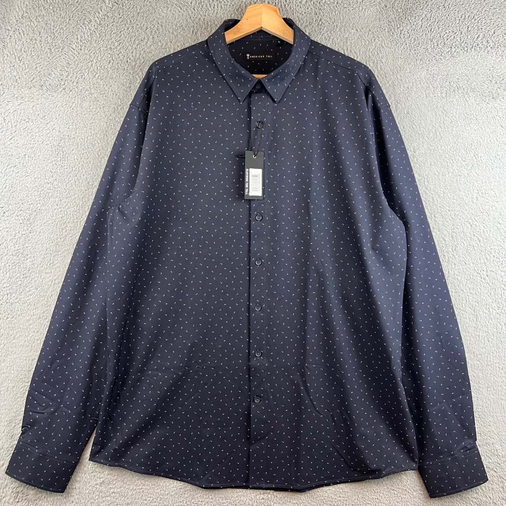 New American Tall Mens XL Tall Blue Geometric Print Stretch Button Down Shirt